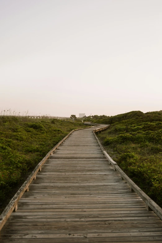 wooden walkway leading through grassy hills under a pink sky