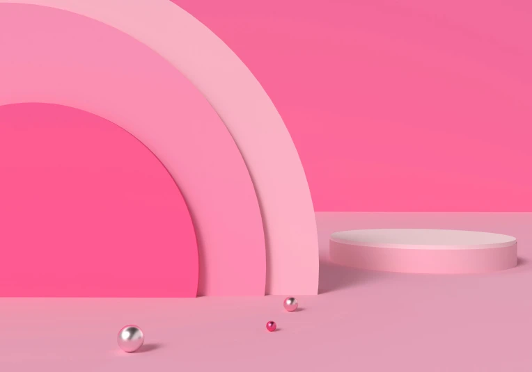 a pink wall has bubbles and an arch in it