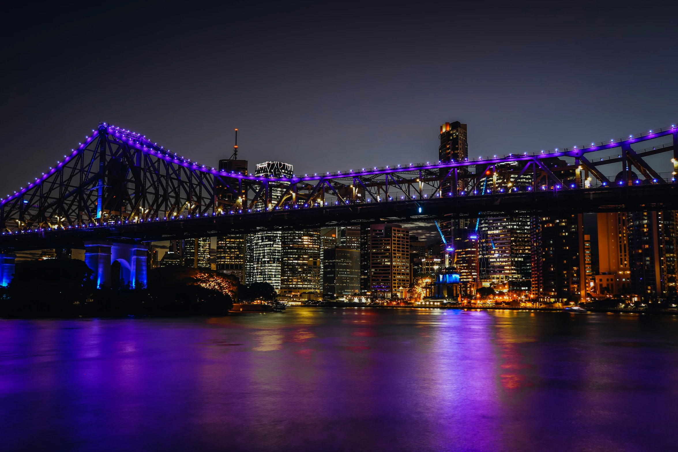 purple lights shine on the bridge and building silhouettes against dark night sky