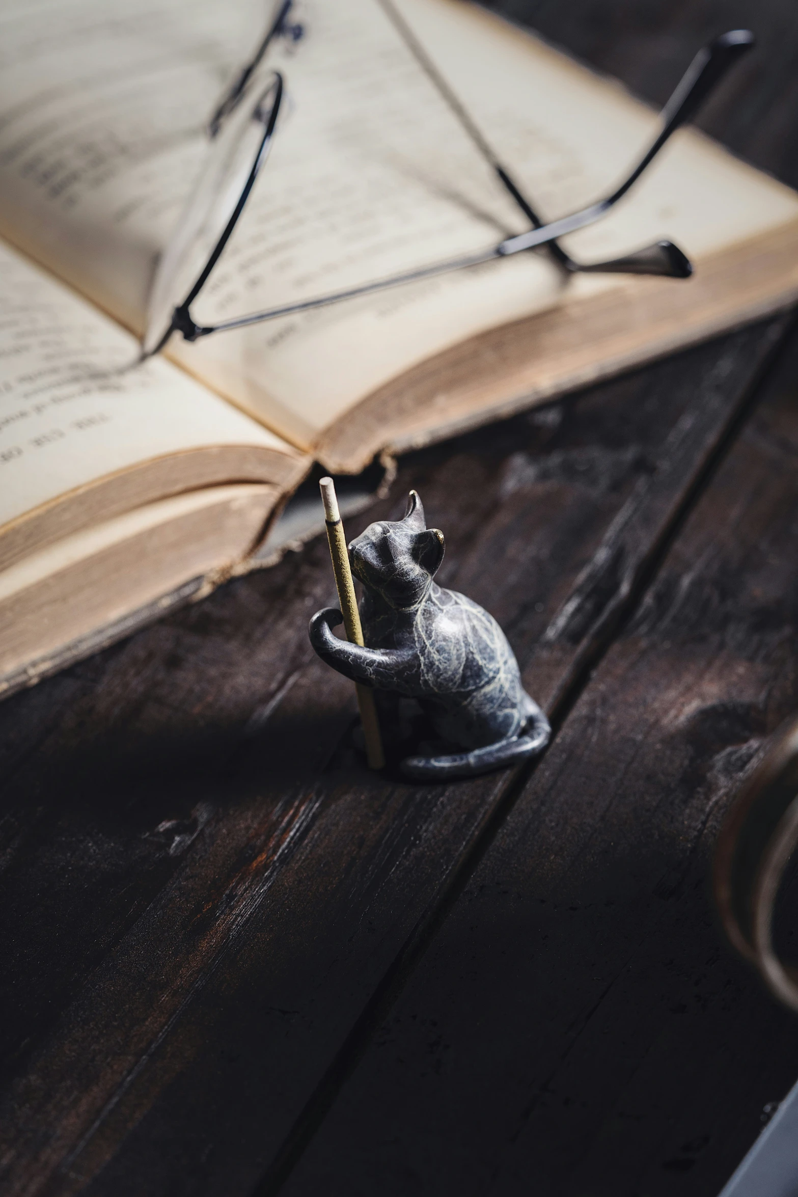 a tiny figurine that looks like a cat standing in front of an open book