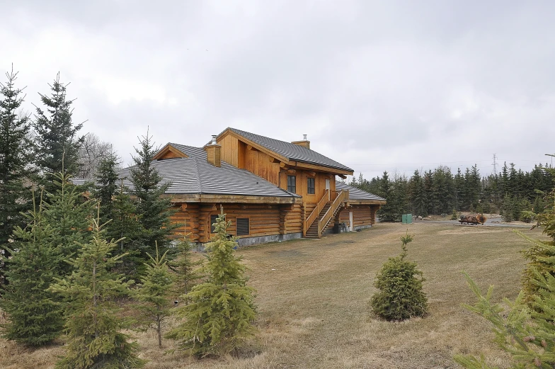 a log house on a hill with lots of trees around it