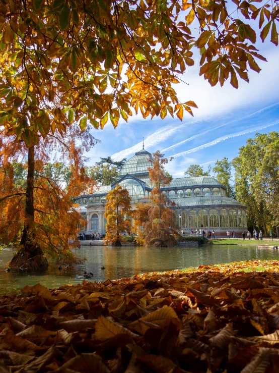 the view of a building with an elegant courtyard by it in autumn