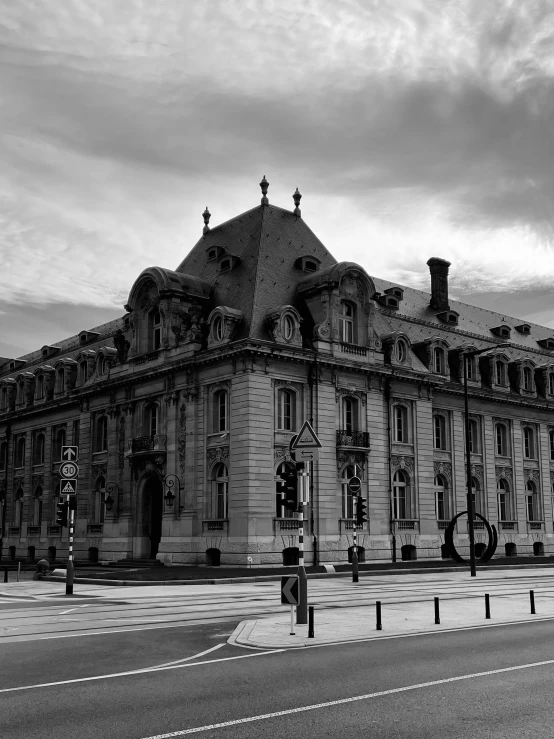 a building stands on a cloudy day, with no people inside