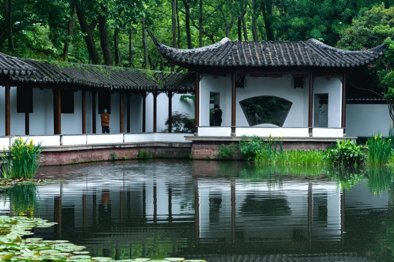 a chinese pavilion with water lilies in front of it