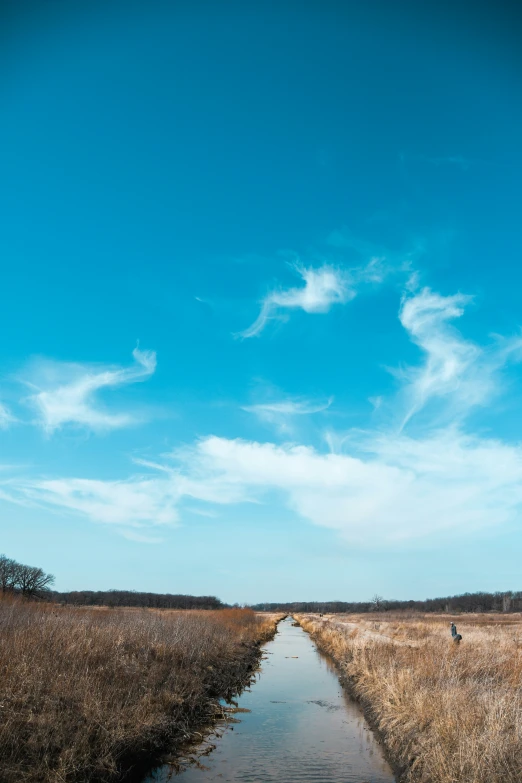 a long, shallow river running through the middle of a field