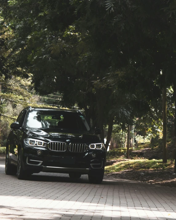 a black car parked next to a street lined with trees