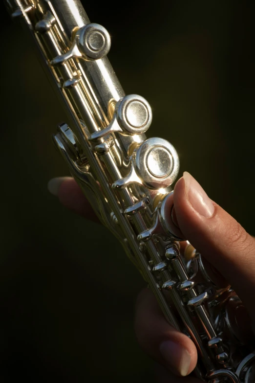 person holding up a silver instrument with five keys