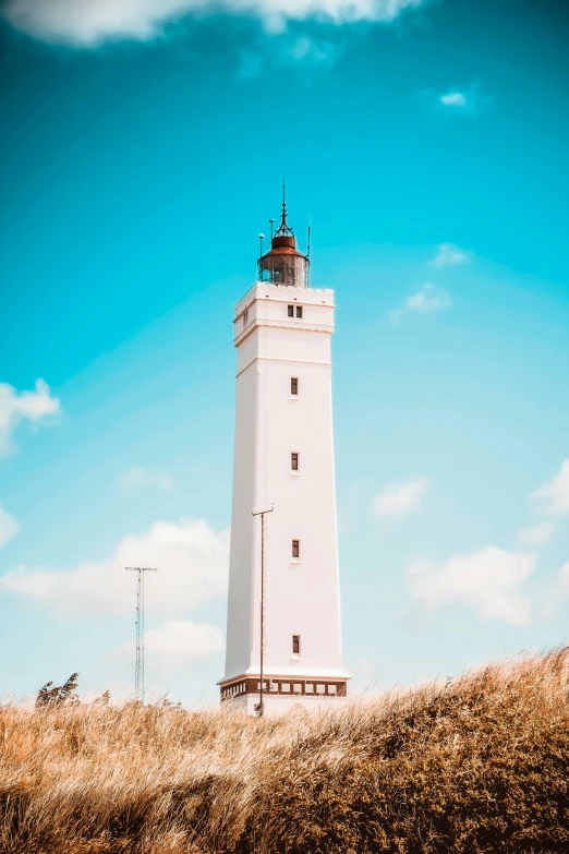 a lighthouse is shown in the foreground with a blue sky behind