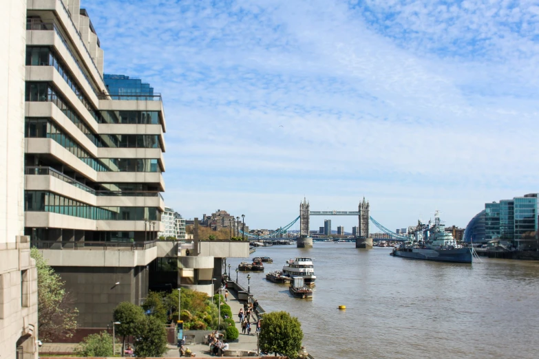 a view of a very wide river and a big building