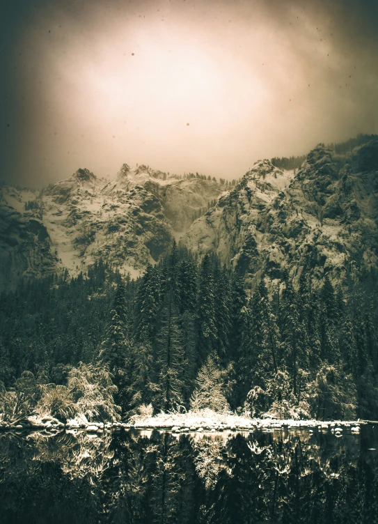 a mountain is covered in snow next to a forest