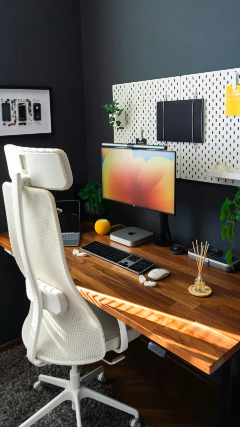 a wooden desk with a computer on top