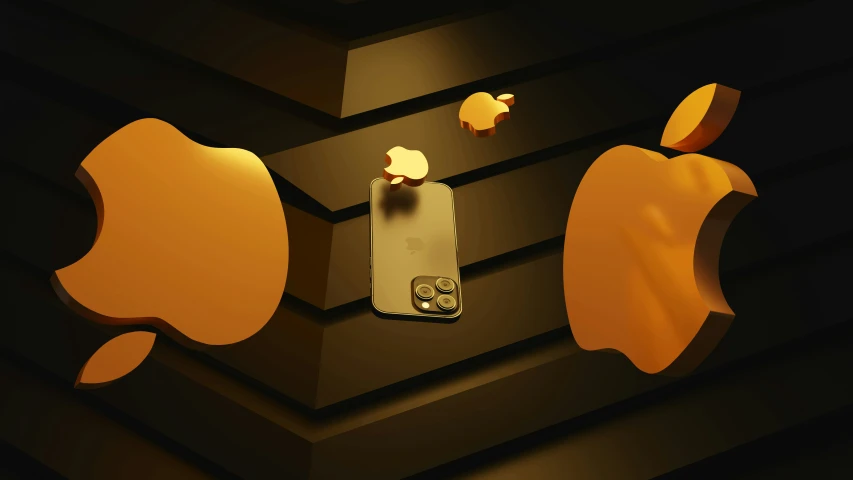 an apple sign in the middle of some wall with gold circles