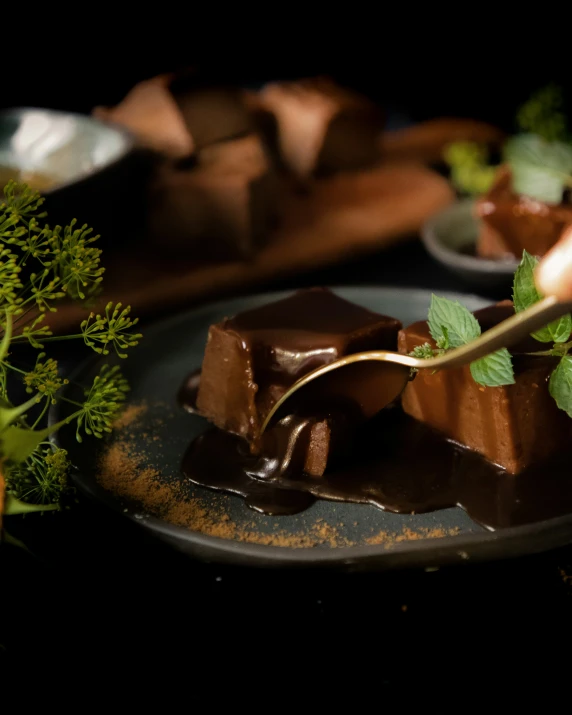 a chocolate dessert with some sliced slices of it and fresh greenery