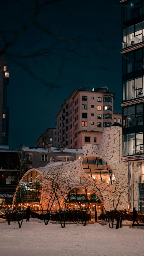 the structure in the city is covered with tiny white structures