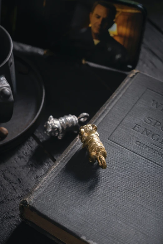 a close up of a book with a cell phone