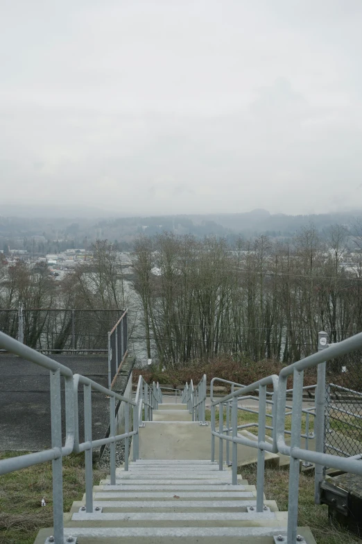 a number of steps in front of trees with mountains and sky in background