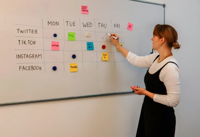 a woman writing on a board with post it notes