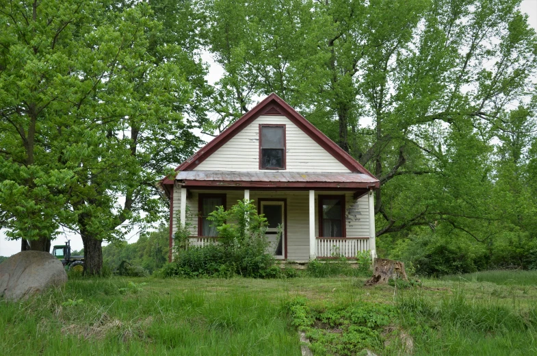 a small house in a grassy yard and trees