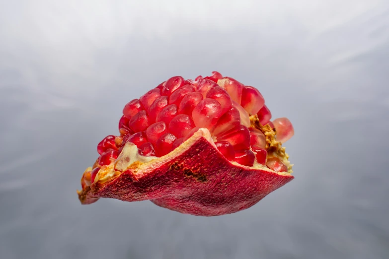 a half - eaten red fruit is sitting on the table