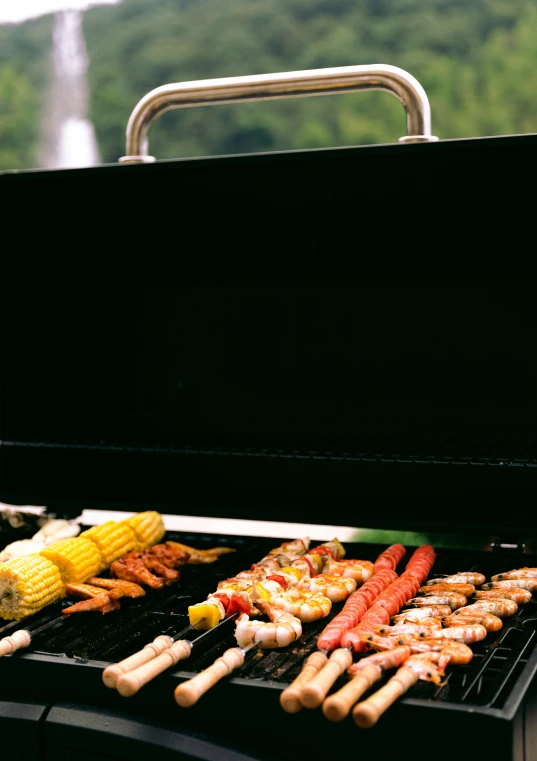 grill with several kinds of meats and vegetables
