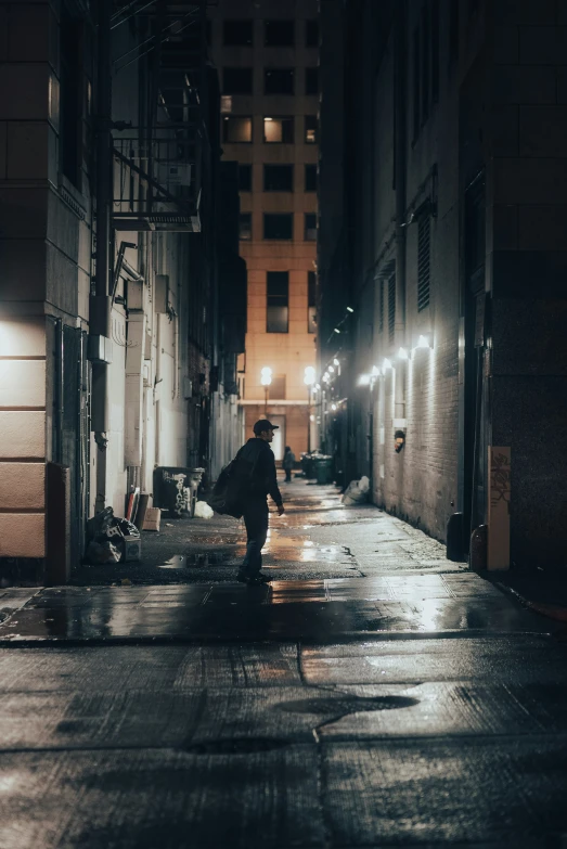 the person is walking in the dark city streets