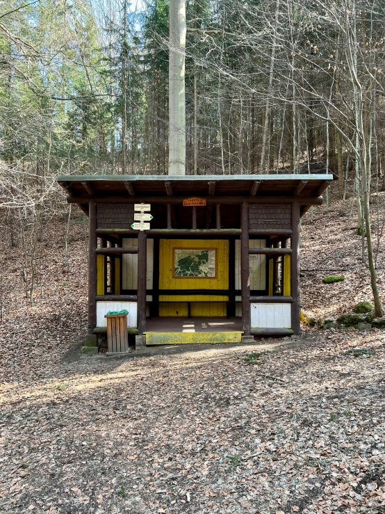 a small structure in the middle of a forest