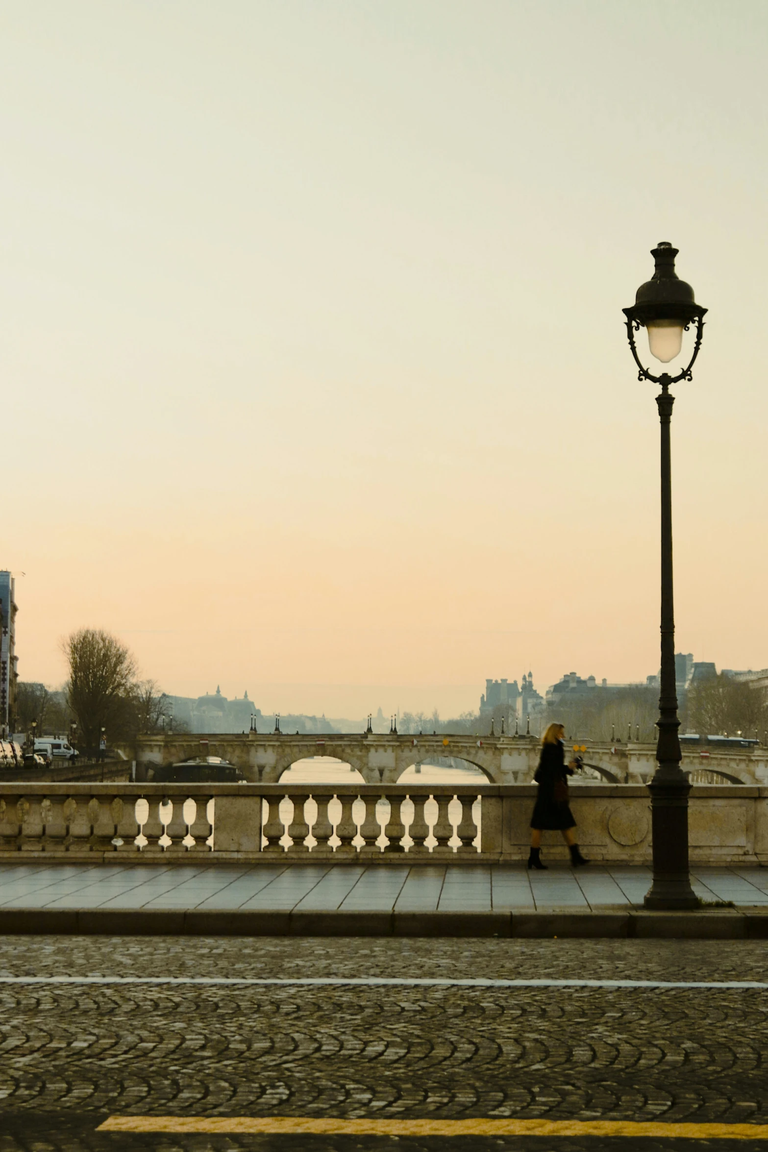 the woman is walking next to the street light