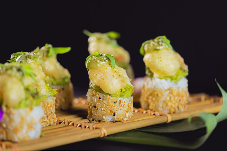 some pieces of food that are sitting on a board