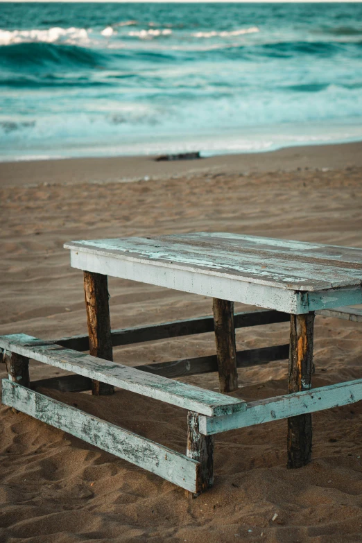 two wooden benches set up on a beach