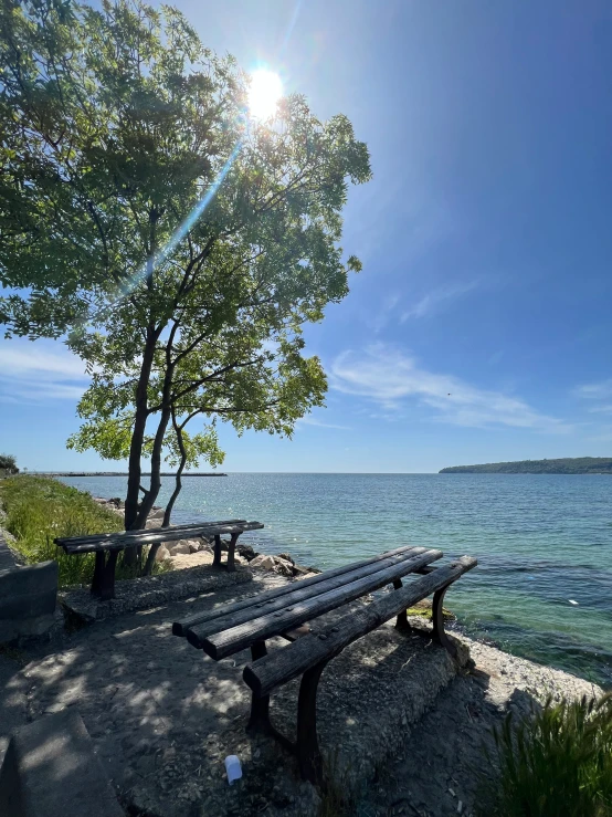 some benches on a shore next to water