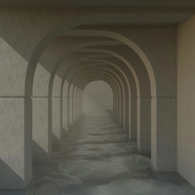 a long tunnel with arches of water inside