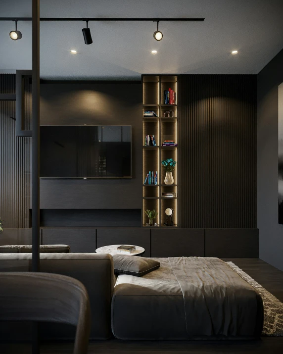 the modern bedroom is dark in color