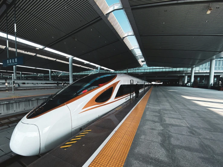 an orange and white bullet train stopped at the station