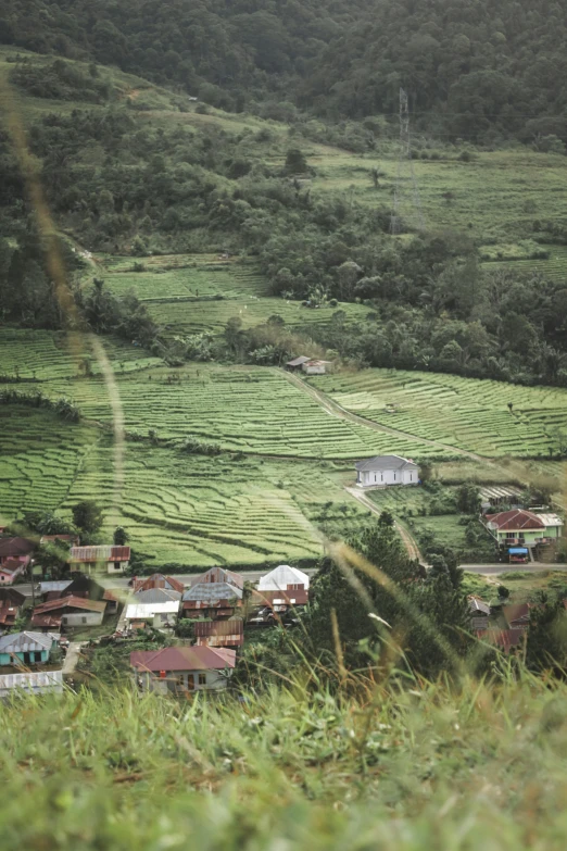 a field with houses on the hillside and green hills in the background