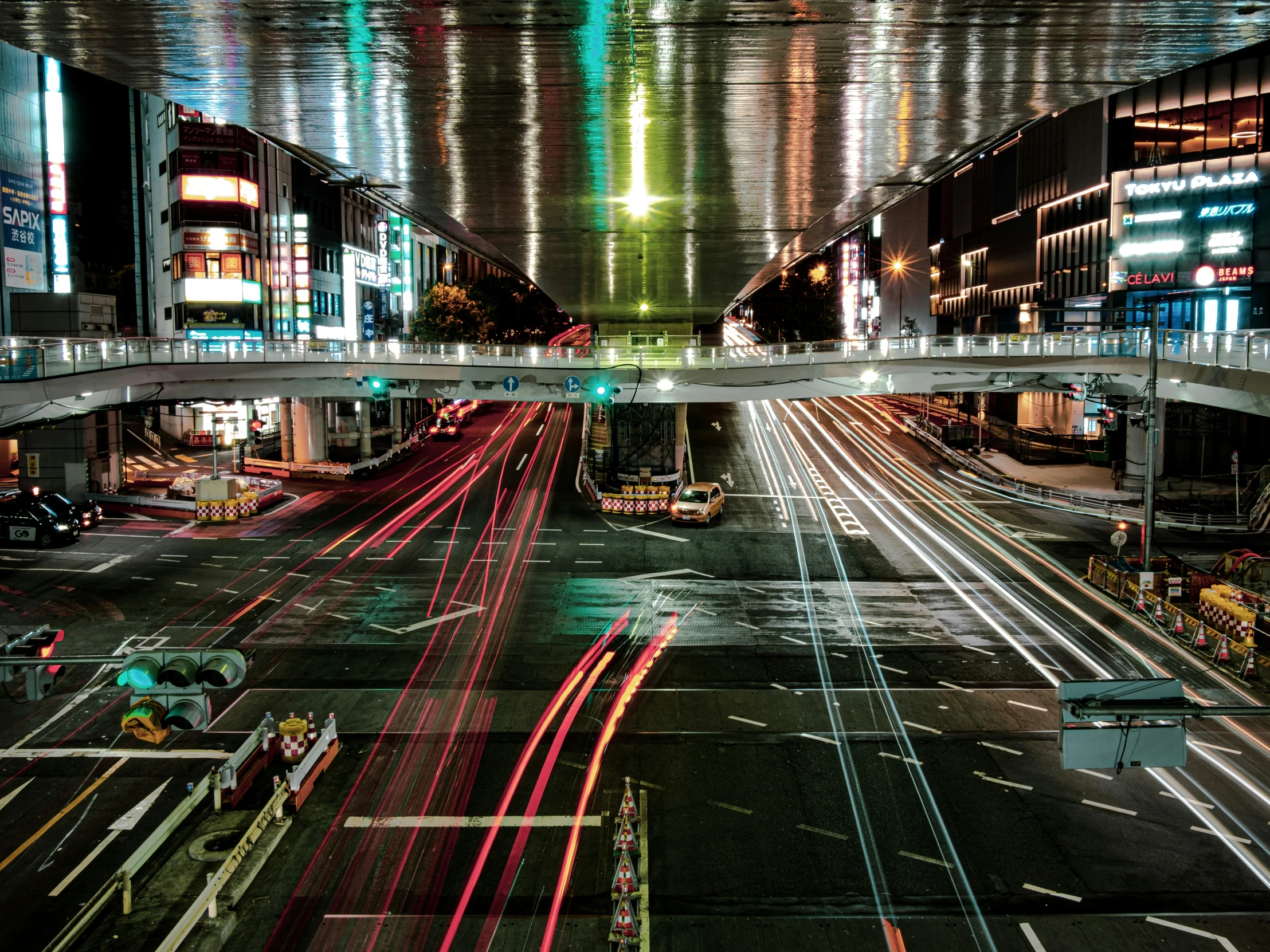 a picture of a street taken from above at night