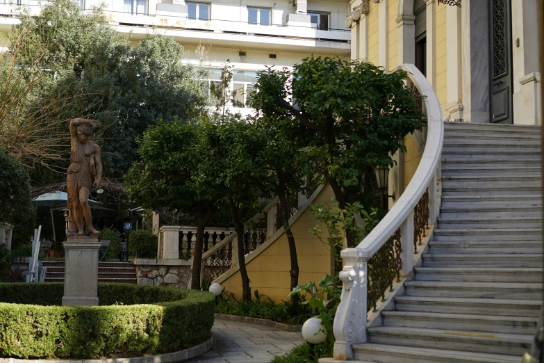 a stone stairway is on a building outside