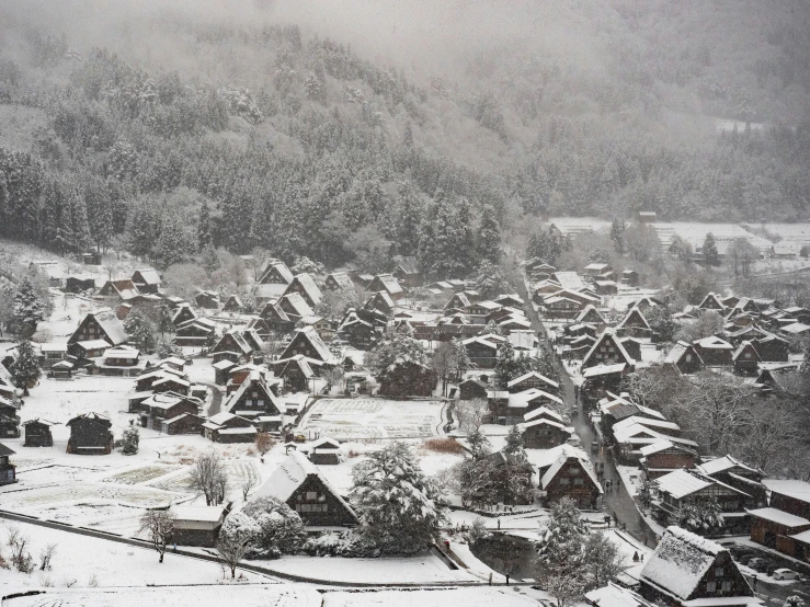 a small town surrounded by trees and snow