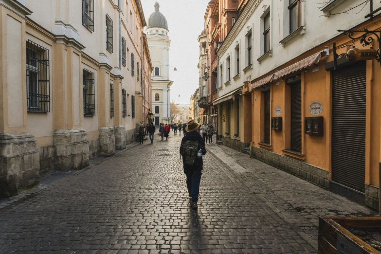 a person walking down the middle of a city street