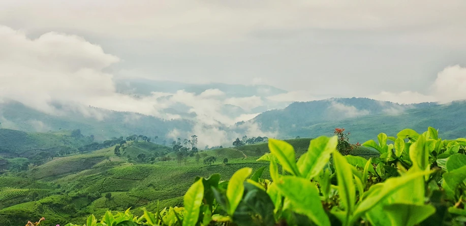 the clouds are rolling over the mountains on the top of the hill