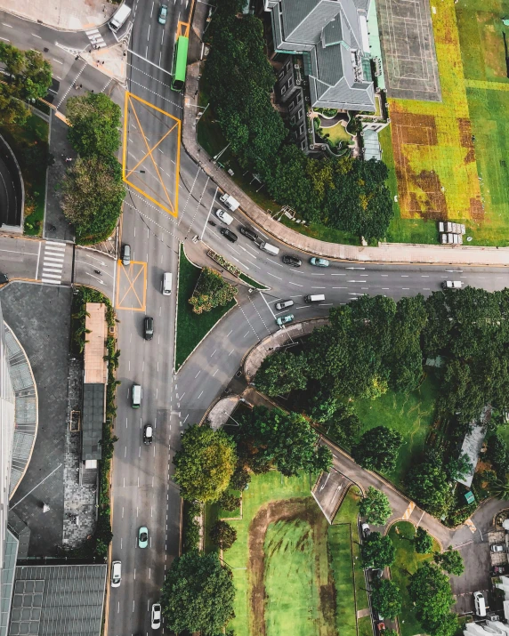 an aerial view of roads and traffic