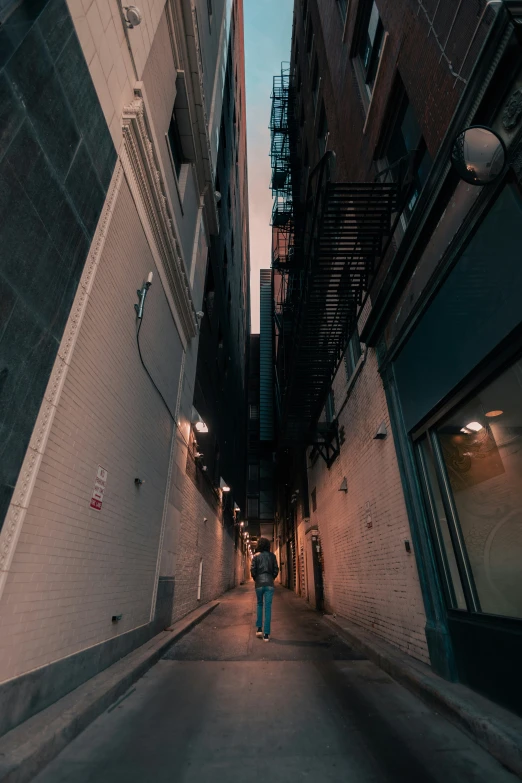 a person standing on the sidewalk in an alleyway