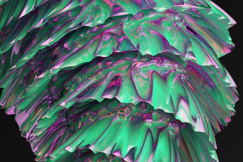 an intricate sculpture of green feathers against a black background