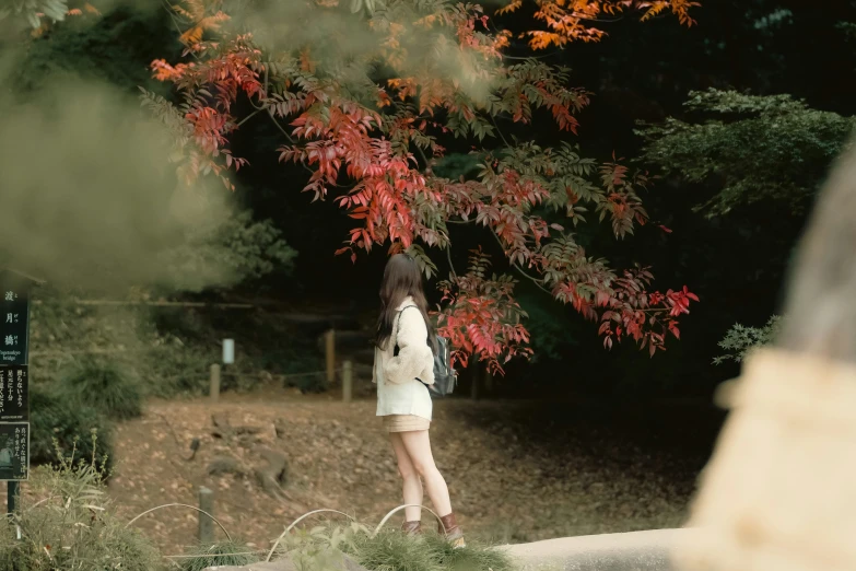 a woman standing in front of a red tree