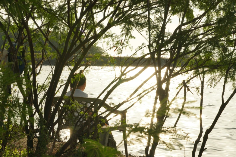 a man sitting on a bench at the edge of a lake