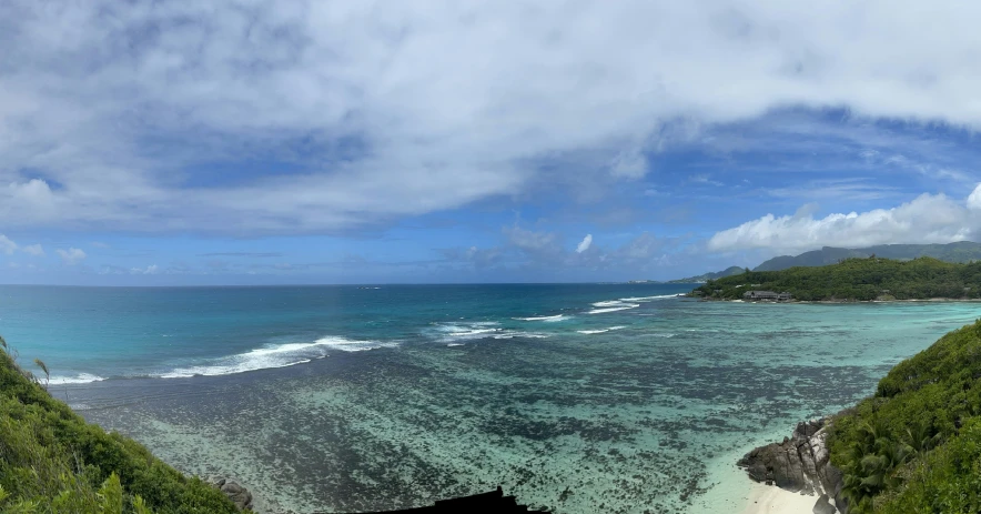 the view from an over head point of a scenic blue lagoon