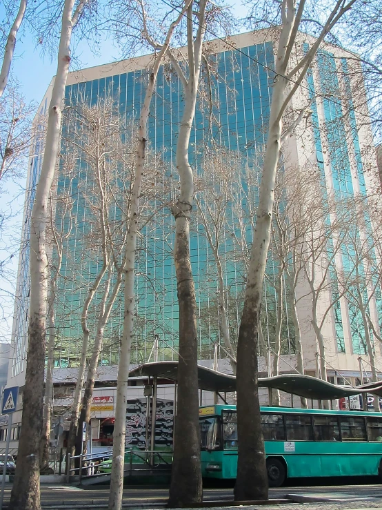 several buses parked near a building in front of trees