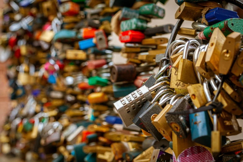 a wall covered in many different locks and lots of locks