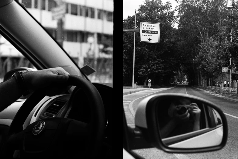 side by side pos of a road, with a man in a car, and the image shows an empty street