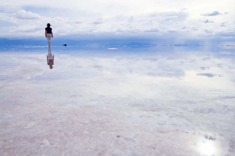 a person walks along the shoreline on an overcast day