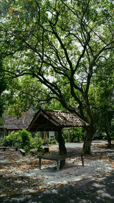 a small cabin on a gravel area surrounded by trees